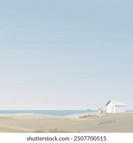Minimalist seashore landscape with log cabin and couple of lover have yacht at skyline graphic illustration. Coastline with blue sky square background.
