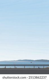 Minimalist seaside landscape with beach road have mountain ranges and blue sky vertical background graphic illustation. 