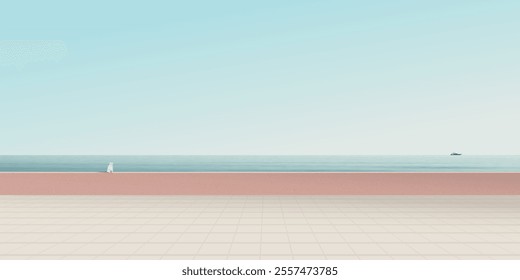 Minimalist seaside landscape with blue sky background have a cat sitting on cement barrier graphic illustration.