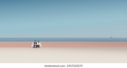 Minimalist seaside landscape with blue sky background have couple of lover sitting on the bench at pavement graphic illustration.