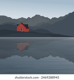 Minimalist seaside landscape with country house and mountain ranges graphic illustrated have blank space.