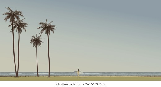 Minimalist seaside landscape retro colors have coconut palm trees and a woman with surfboard at grass field graphic illustration.