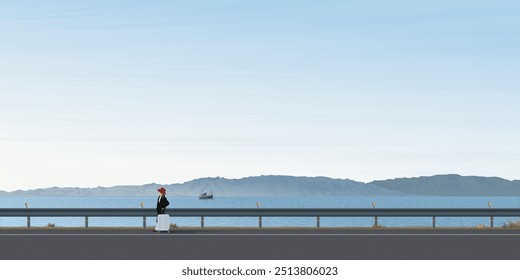Minimalist seaside landscape winter season have a woman dragging a suitcase walks along beach road graphic illustation. 