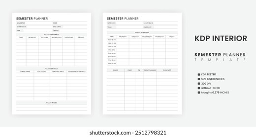 Plantilla minimalista del planificador del semestre para el estudiante, Plantilla académica del organizador del horario del curso para los estudiantes universitarios Planificador imprimible