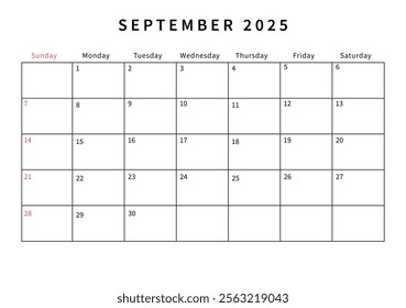 Minimalist September 2025 calendar design vector illustration. Perfect for planners, organizers, or scheduling purposes.