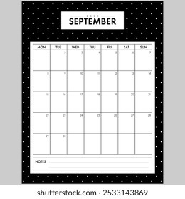 Minimalist September 2025 Calendar Month. Elegant Black and White Dotted Background month by month planner with writing space for organization. Part of a monthly year set.