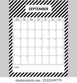 Minimalist September 2025 Calendar Month. Elegant Black and White Stripped Background month by month planner with writing space for organization. Part of a monthly year set.