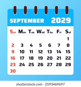 Minimalist September 2029 calendar with a refined design. Perfect for back-to-school planning, work schedules, and time management