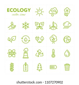 Minimalist ser of ecology vector icons in light green color composed on white background