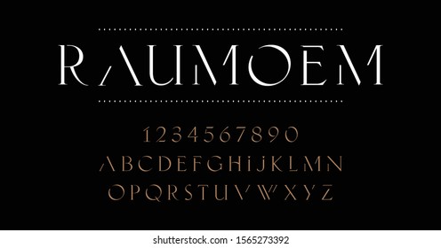 Minimalist serif lettering fashion design. Alphabet elegant letters and numbers. Vector illustration