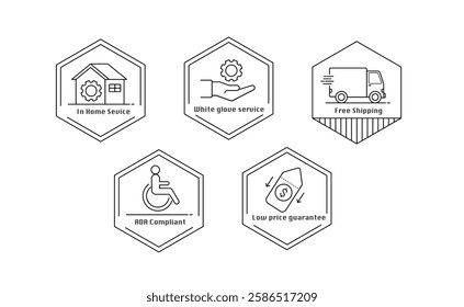 Minimalist Service Badges – Home Services, Free Shipping, ADA Compliance, and Price Guarantee Icons. Editable Stroke.