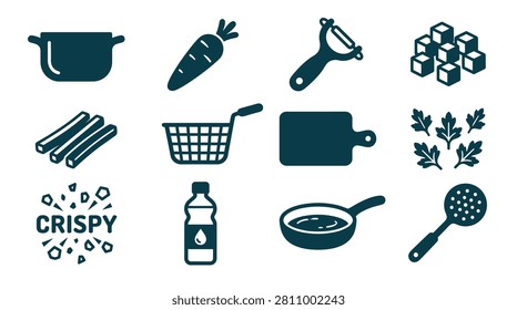 Minimalist set of 12 flat kitchen icons featuring a cooking pot, carrot, peeler, sugar cubes, french fries, fryer basket, cutting board, herbs, crispy text, oil bottle, pan, and skimmer.