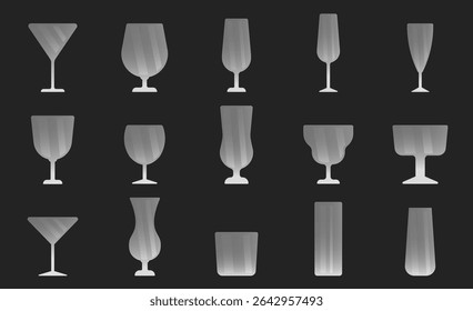 Minimalist set of 15 clear cocktail glasses with elegant light and shadow. Perfect for mockups, menus, and product design.