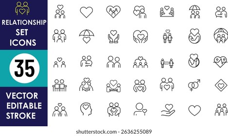 A minimalist set of 35 editable stroke vector icons depicting love, relationships, couples, hearts, family, LGBTQ symbols, and affectionate gestures in linear style