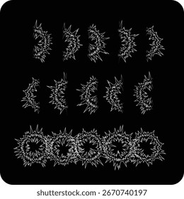 A minimalist set of abstract, jagged starburst and sunburst shapes in black and white. Ideal for modern, clean, and artistic design projects.