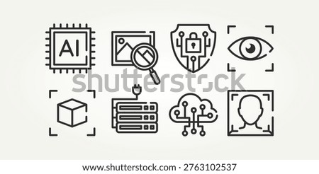 minimalist set of artificial intelligence technology line art icons vector illustration design. processor, cloud AI, cyber security and more