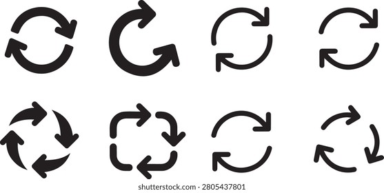 Minimalist set of black circular arrows representing refresh, reload, retry, and update actions for digital interfaces.