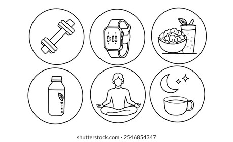 A minimalist set of black line health and wellness icons. This collection features symbols for fitness, healthy eating, hydration, mindfulness, and relaxation, including a dumbbell, smartwatch, salad,