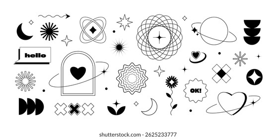 Minimalist set of black and white decorative elements. Abstract symbols - hearts, stars, geometric shapes, planets, moons, flowers and orbits. Ideal for designing designs, templates, social media, pin