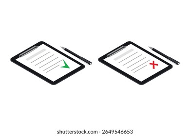 Minimalist set of check and cross marks on documents. Ideal for UI, web elements, and presentation design visuals.