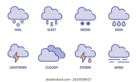A minimalist set of colorful weather icons with handwritten labels. Includes clouds with lightning, snow, and rain.
