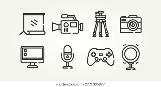 minimalist set of content creator and streaming line art icons vector illustration design. camera, microphone, live streaming and more