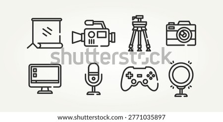 minimalist set of content creator and streaming line art icons vector illustration design. camera, microphone, live streaming and more