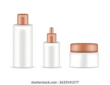 Minimalist set of cosmetic bronze packaging: bottle, dropper bottle and cream jar on white background, realistic mockup