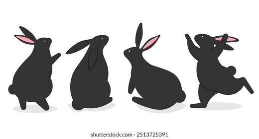 minimalist set of cute rabbits In various poses, design for easter, chiness mid autumn banner or thanksgiving day poster, card for sale promotion, Cartoon black rabbits in a celebration illustration