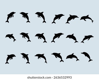 Minimalist Set of Dolphin Silhouettes in Various Dynamic Poses on White Background
