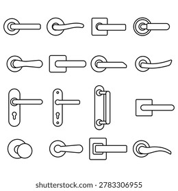 Minimalist set of door handle icons in black and white. Clean vector collection featuring various shapes and styles of entrance door handles for UI, architecture and hardware design.