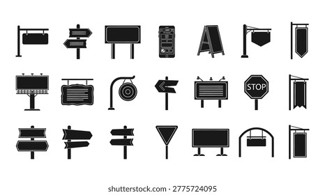 Minimalist set of essential road traffic signs and symbols in high-contrast black and white, ideal for transportation, safety, education, and urban design projects. Perfect for infographics, presentations, and regulatory materials.