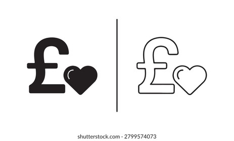 A minimalist set featuring a British Pound sterling currency symbol alongside a heart icon in both solid black and outline styles.