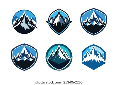 Minimalist set of February frosty mountain peaks silhouette logo vector illustrations, perfect for winter adventure branding, outdoor travel promotions, and nature-inspired designs.