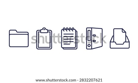 A minimalist set of five dark blue outline icons featuring common office supplies like a folder, clipboard, spiral notepad, binder, and document tray arranged horizontally against a plain white background.