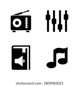 Minimalist set of four black audio icons including a vintage radio, sound mixer sliders, an audiobook, and a musical note.
