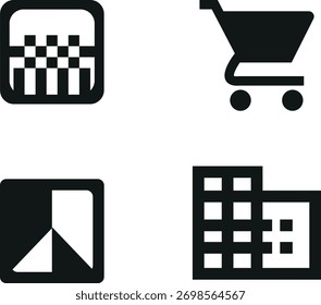 Um conjunto minimalista de quatro ícones de vetor preto, plano para interfaces de usuário modernas, A coleção inclui um táxi, padrão de táxi de xadrez, um carrinho de compras.