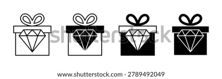A minimalist set of four gift box designs, each with a diamond graphic, shown in alternating black, white, and combined color line art on a white background.