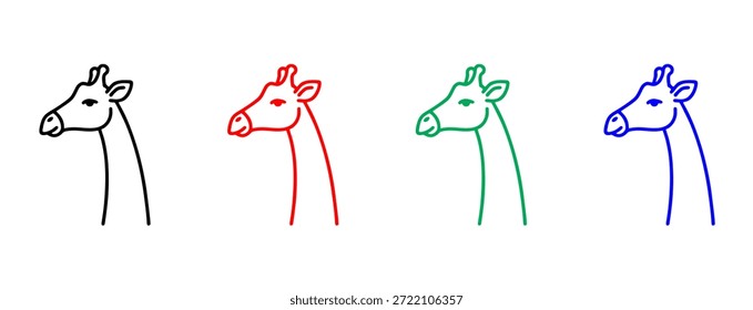 A minimalist set of four giraffe head profile outlines in black, red, green, and blue, designed as scalable vector graphics for wildlife branding, educational children's content, and artistic logos.