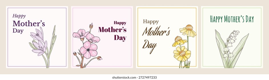 Conjunto minimalista de quatro cartões de saudação quadrados com ilustrações botânicas delicadas e texto "Feliz Dia das Mães" em tipografia elegante em fundos macios.