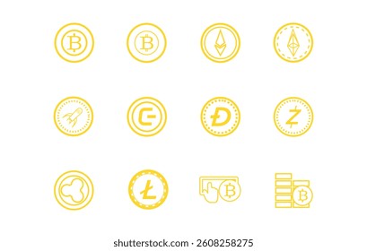 A minimalist set of golden cryptocurrency icons featuring popular coins like Bitcoin, Ethereum, Litecoin, and more, ideal for fintech, blockchain, and digital finance designs.