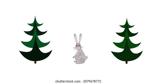 Minimalist set with the image of a gray hare and green spruces on a white background. The figures are isolated.