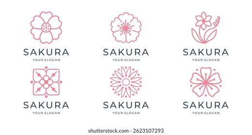 minimalist set of japanese flowers cherry blossom logo icon vector illustration.