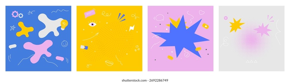 Minimalist set layout of abstract colorful panels. Vector 3d collection of collages with doodles and dots, line and icons. UI design or app interfaces, digital presentation or content dividers
