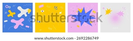 Minimalist set layout of abstract colorful panels. Vector 3d collection of collages with doodles and dots, line and icons. UI design or app interfaces, digital presentation or content dividers