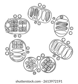 A minimalist set of line art illustrations featuring various types of sushi, including rolls, nigiri, and sashimi.