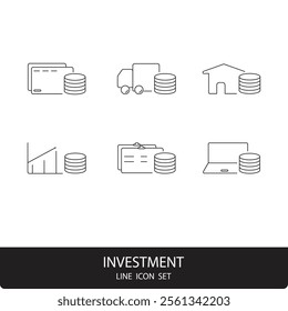 A minimalist set of line icons representing key investment concepts. Ideal for financial presentations, infographics, and web design projects.