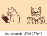 Minimalist Set Linocut Cat Reading a Book with Glasses in Cobalt Blue Ink