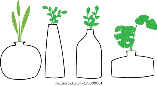 minimalist set of pots with plants, crayon drawing, vector illustration