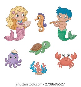 Minimalist set of sea creatures including a mermaid, merman, seahorse, turtle, crab, and a purple octopus in a tiny hat